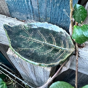 May include: A dark green ceramic dish shaped like a leaf with a textured surface and visible veins. The dish features a glossy finish with darker green and brown tones along the edges and center, mimicking the appearance of a natural foliage.