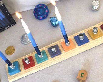 Hanukkah menorah, handcrafted ceramic Chanukah heirloom menorah, rainbow colors Menorah, Jewish home gift, Hanukkah candle-lighting ceremony