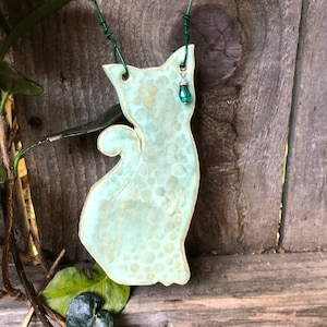 Handmade Green Pottery Cat Ornament: Car Mirror Charm