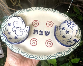 Juego de candelabros para Shabat, juego de velas de Shabat con bandeja, cerámica hecha a mano, regalo para el hogar de cerámica judaica hecha a mano