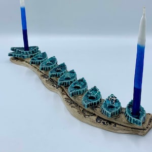 Handcrafted Ceramic Hanukkah Menorah: Leaf Candle Holders