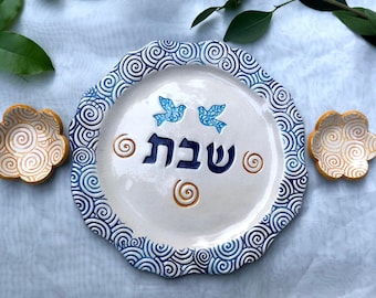 Shabbat candles holder set, Sabbath candles set with tray, ceramic handmade candle holders plate, handmade flowers ceramic Judaica home gift