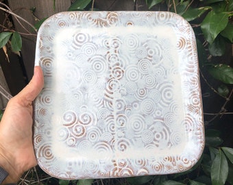 handcrafted elegant square ceramic platter, silver-gray & blue glaze, adorned with mesmerizing spirals, perfect for fruit, serving, and more