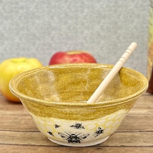honingkom, handgemaakte keramische oogst gouden honingkom, appels honingdipkom, Rosj Hasjana huisaardewerk cadeau, aardewerk wielkom
