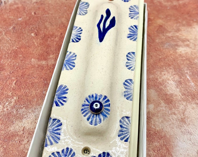 Blue Mezuzah Case Handmade Pottery Evil Eye Ayin Hara Blue Etsy