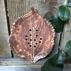 Handmade Stoneware Leaf Soap Dish: Reddish Brown Pottery Bathroom Vanity