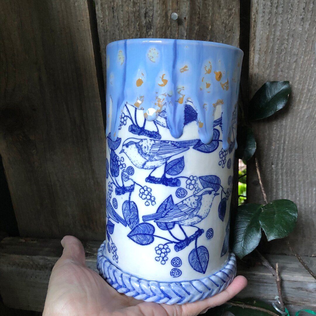 Blue Birds Flower Vase Pottery Stoneware Vase Blue Pottery Etsy