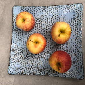 blue pottery serving plate handmade, handmade ceramic plate, blue fruit plate pottery, blue serving plate, square ceramic tableware plate