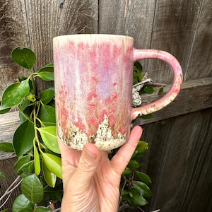 coffee cup, 18 oz ceramic mug, pink drip glazed mug, pottery mug gift, hot chocolate mug, cozy sipping mug gift, unique pottery mug gift