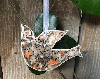 Handcrafted Ceramic Dove Ornament: Orange Brown Pottery with Music Notes