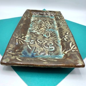 handmade ceramic serving tray, handmade stoneware tray, green brown ceramic serving platter, handmade appetizers plate, housewarming platter