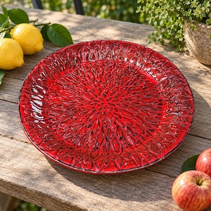 Handcrafted Red Ceramic Platter, Textured Floral Serving Dish, Large Round Pottery Plate, Ruby Red Art Pottery Centerpiece