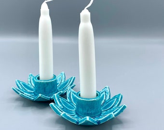 versatile ceramic flower candlestick holders, perfect for Shabbat candle lighting or any elegant occasion, pair of Sabbath candle holders