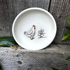 ceramic bowl, small ceramic dish, small sauce bowl with chicken farmyard theme, small pottery gift bowl, trinket jewelry dish, shallow bowl