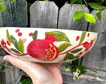ceramic bowl, pomegranates decor fruit bowl, large centerpiece serving bowl, home pottery gift, abundance decor pomegranates bowl