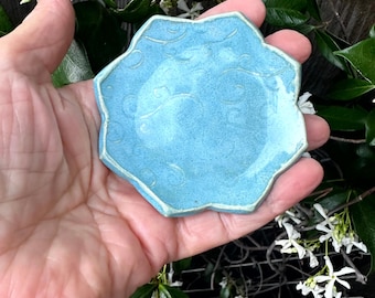 Floral Ceramic Dish: Turquoise Stoneware Pottery, Jewelry or Soap