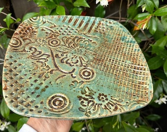 ceramic square tray, handcrafted pottery platter, fruit serving platter, home pottery gift, textured spirals ceramic plate, square platter