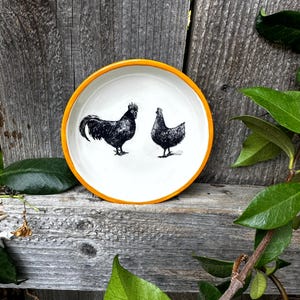 ceramic bowl, small ceramic dish, small sauce bowl with chicken farmyard theme, small pottery gift bowl, trinket jewelry dish, shallow bowl