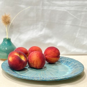 serving platter, blue green pottery serving tray, handmade pottery fruit platter, home pottery gift, table centerpiece platter, ceramic tray