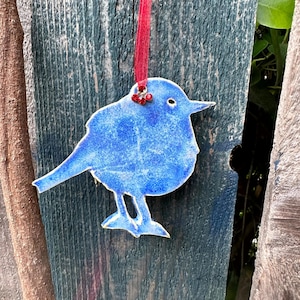 bird ornament, handcrafted blue bird ceramic ornament, bird on red ribbon, bird lover gift ornament, Christmas bird decoration, wren bird