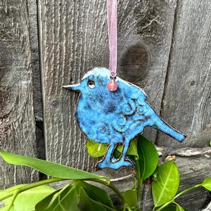 bird ornament, handcrafted blue bird ceramic ornament, bird on pink ribbon, bird lover gift ornament, Christmas bird decoration, wren bird