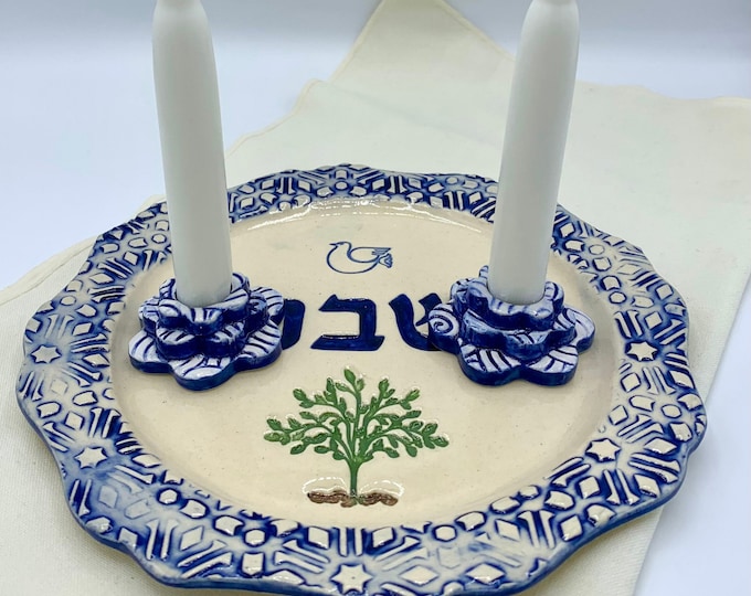 Shabbat Candles Holder Set Pottery, Sabbath Candles Set With Tray