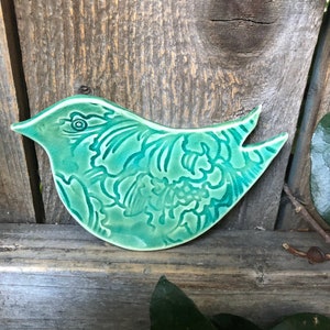Green Pottery Bird Ring Dish: Stoneware Jewelry Holder