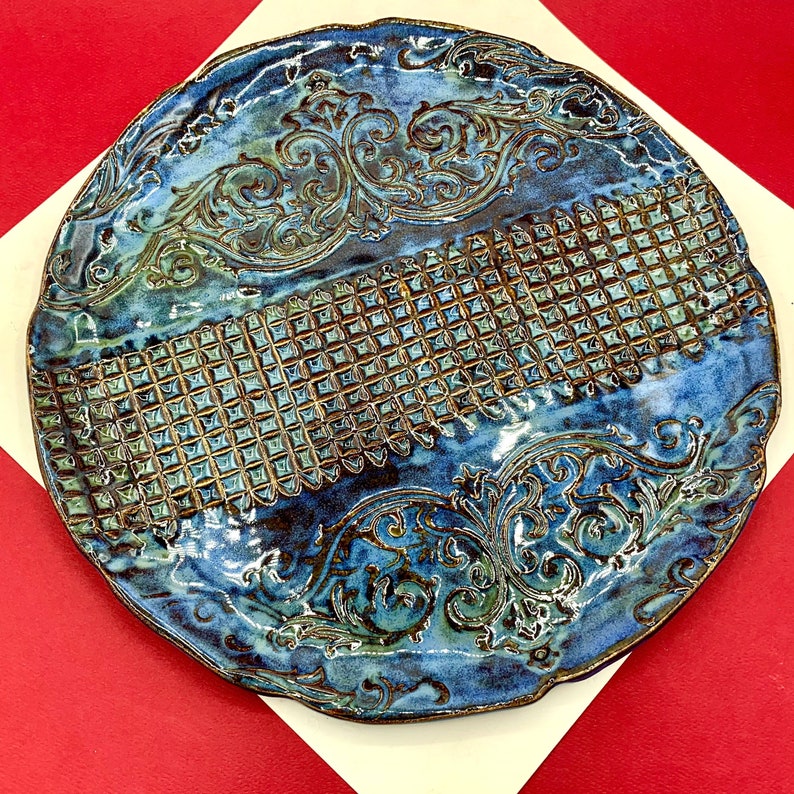 Round Serving Platter Pottery Blue Serving Platter Handmade Etsy