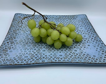 blue pottery serving plate handmade, handmade ceramic plate, blue fruit plate pottery, blue serving plate, square ceramic tableware plate