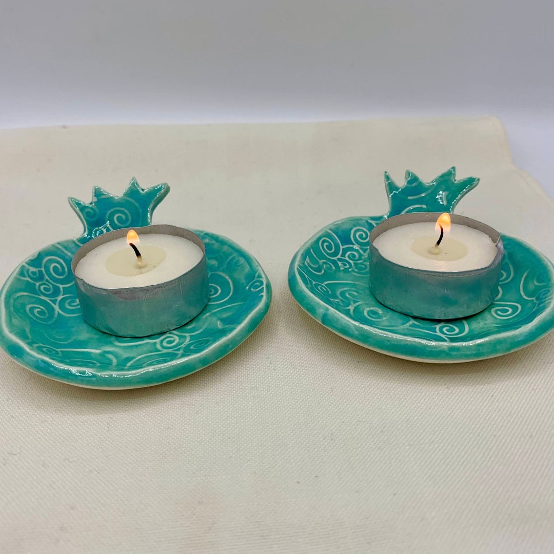Tealight Candle Holder Set Pottery Handmade, Tea Light Pomegranate Candle Holders, Shabbat