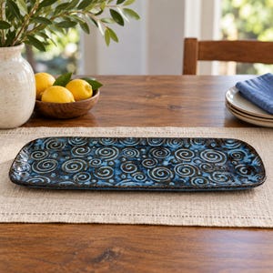 Handmade Blue Spiral Ceramic Serving Tray, Long Pottery Platter, Textured Rectangular Dish, Artisan Appetizer Tray