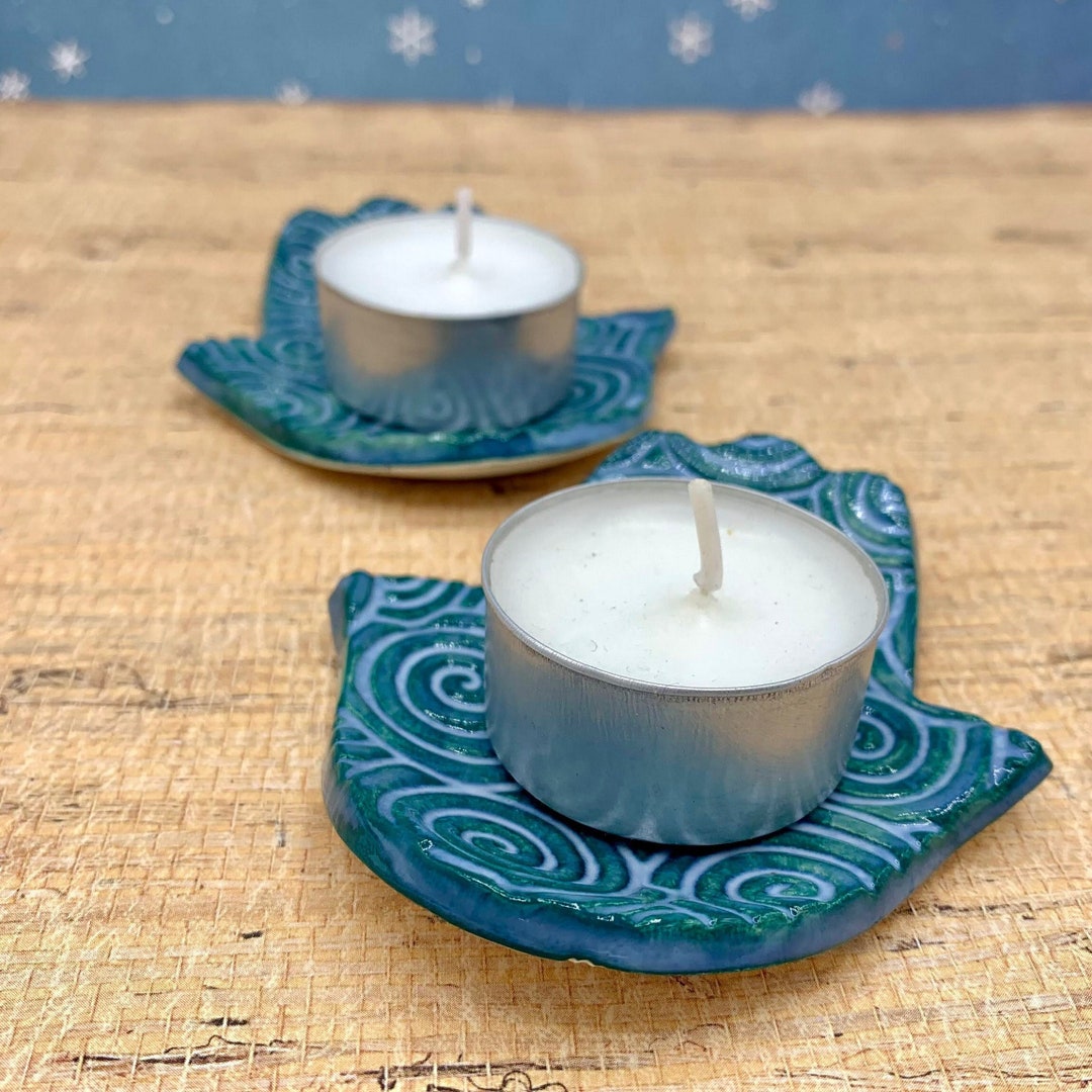 Hamsa Tealight Candle Holder Set, Pottery Tea Light Candle Holders