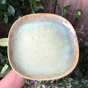 serving platter square pottery, green serving plate handmade pottery, fruit plate pottery, green tableware platter, housewarming pottery