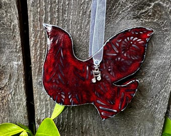 dove ornament, handcrafted ceramic flying dove ornament, red Christmas dove ornament, peace dove on ribbon, ornament exchange dove gift