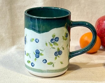 coffee mug, ceramic blueberries decor coffee cup, hot chocolate mug, 18 ounce hot beverage mug, blueberry gift mug, fruit decor mug