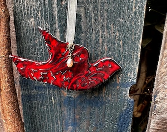 ceramic dove, handcrafted ceramic bird ornament, red Christmas dove ornament, peace dove on ribbon, dove tree ornament, ornament exchange