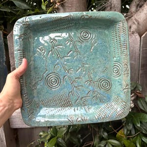 Handcrafted Stoneware Pottery Tray: Green Floral Centerpiece