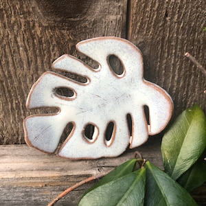 May include: White ceramic monstera leaf dish with brown edges. The dish has a textured surface and is perfect for holding jewelry or other small items.