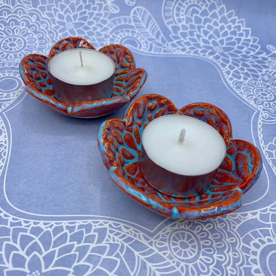 Handmade Flower Tealight Candle Holders Pottery, Tea Light Ceramic