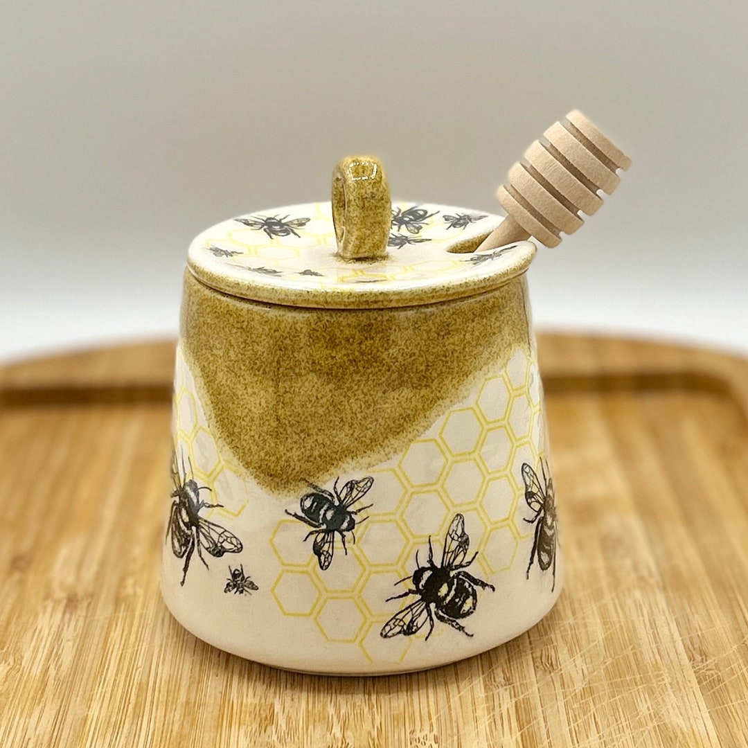 Elegant Ceramic Honey Jar With Lid, Glazed in Harvest Gold, Adorned