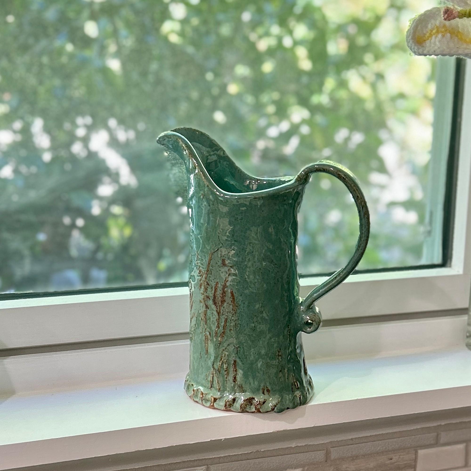 陶器製 蓋付き水差し 緑茶色 陶器のピッチャー、手作りの陶器の水差し、緑色の水差しまたはジュース