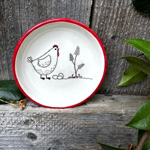 ceramic bowl, small ceramic dish, small sauce bowl with chicken farmyard theme, small pottery gift bowl, trinket jewelry dish, shallow bowl