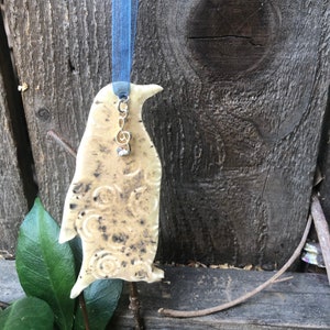 penguin ornament, handcrafted ceramic penguin hanging decor, Christmas penguin ornament, blue ribbon penguin, penguin gift, little penguin