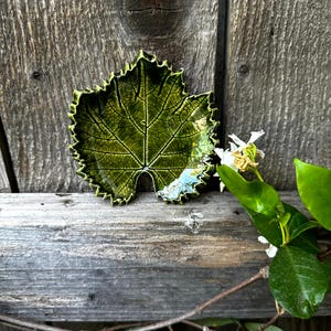 Handcrafted Ceramic Grape Leaf Dish: Green Stoneware Pottery