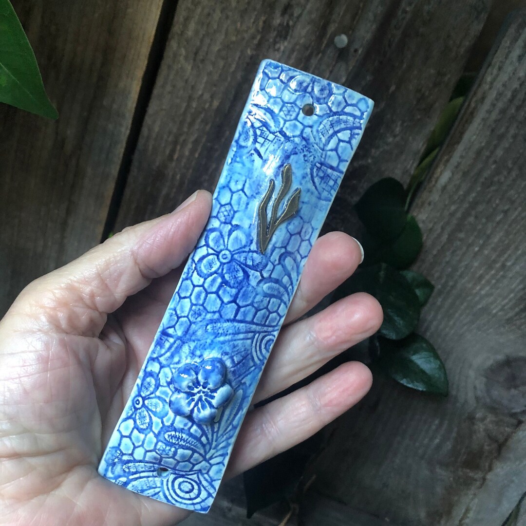 Mezuzah Case Handmade Ceramic, Blue Flower Ceramic Mezuzah Case