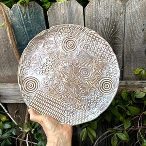 serving platter, ochre brown and beige pottery serving tray, round pottery fruit platter, home pottery gift, table centerpiece platter