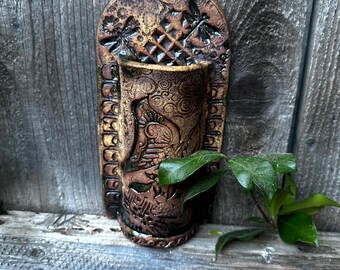Handcrafted Stoneware Wall Vase: Floral Birds Decor, Reddish-Brown Green Glaze