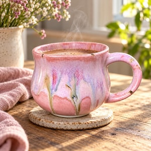 May include: A ceramic mug with a rounded shape and a handle, featuring a glossy glaze in shades of pink, lavender, and white with vertical drips. The mug sits on a speckled, circular ceramic coaster and contains a dark brown liquid.