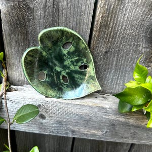 Puede incluir: Un plato de cerámica con forma de hoja, con un esmalte verde brillante. El plato tiene tres recortes circulares y una superficie texturizada, que se asemeja a una hoja de Monstera. Se coloca sobre una superficie de madera envejecida, con follaje verde en el fondo.