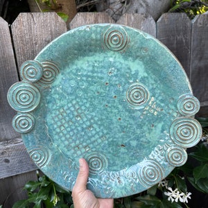Handcrafted Green Stoneware Serving Bowl: Pottery Centerpiece Platter